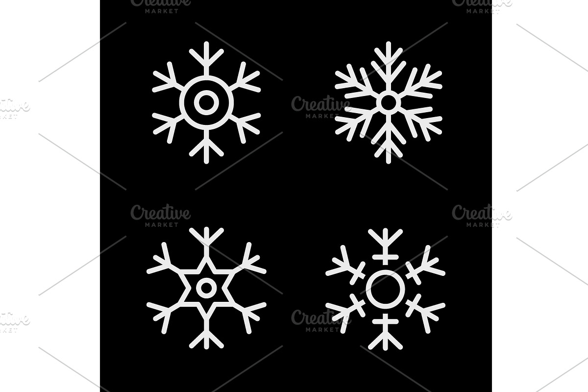 Four white snowflake icons on black, an Object Illustration by GraphiShop