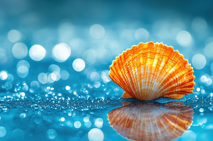 Orange seashell resting on wet blue, a Photo by Iftikhar Alam