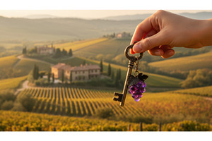 Hand with vintage key over vineyard, a Holiday Photo by Igor Tichonow
