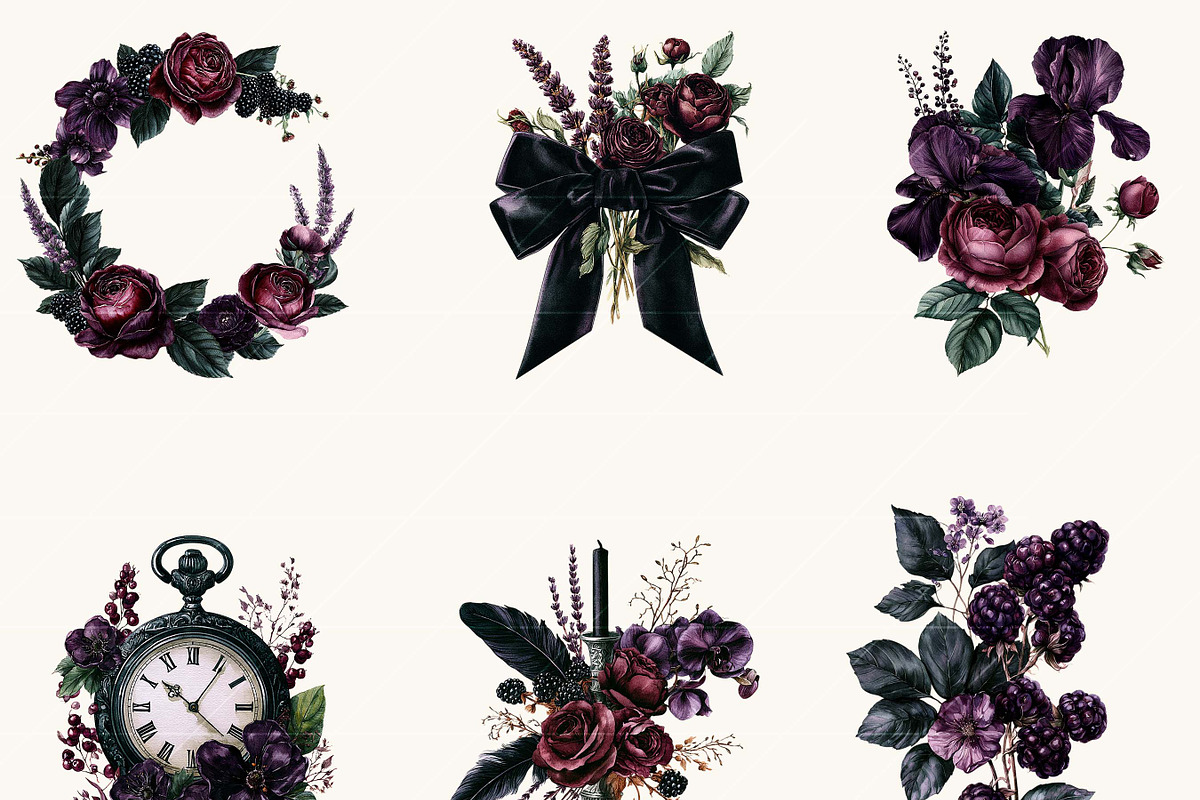 Dark Floral Watercolor Clipart, a Decorative Illustration by BusyDaydesign (Photo 2 of 9)