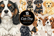 15 Bundle Watercolor Cute Dog Fluffy, an Animal Illustration by Morspective (Thumbnail 1 of 8)