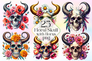 Floral Skull With Horns Clipart PNG