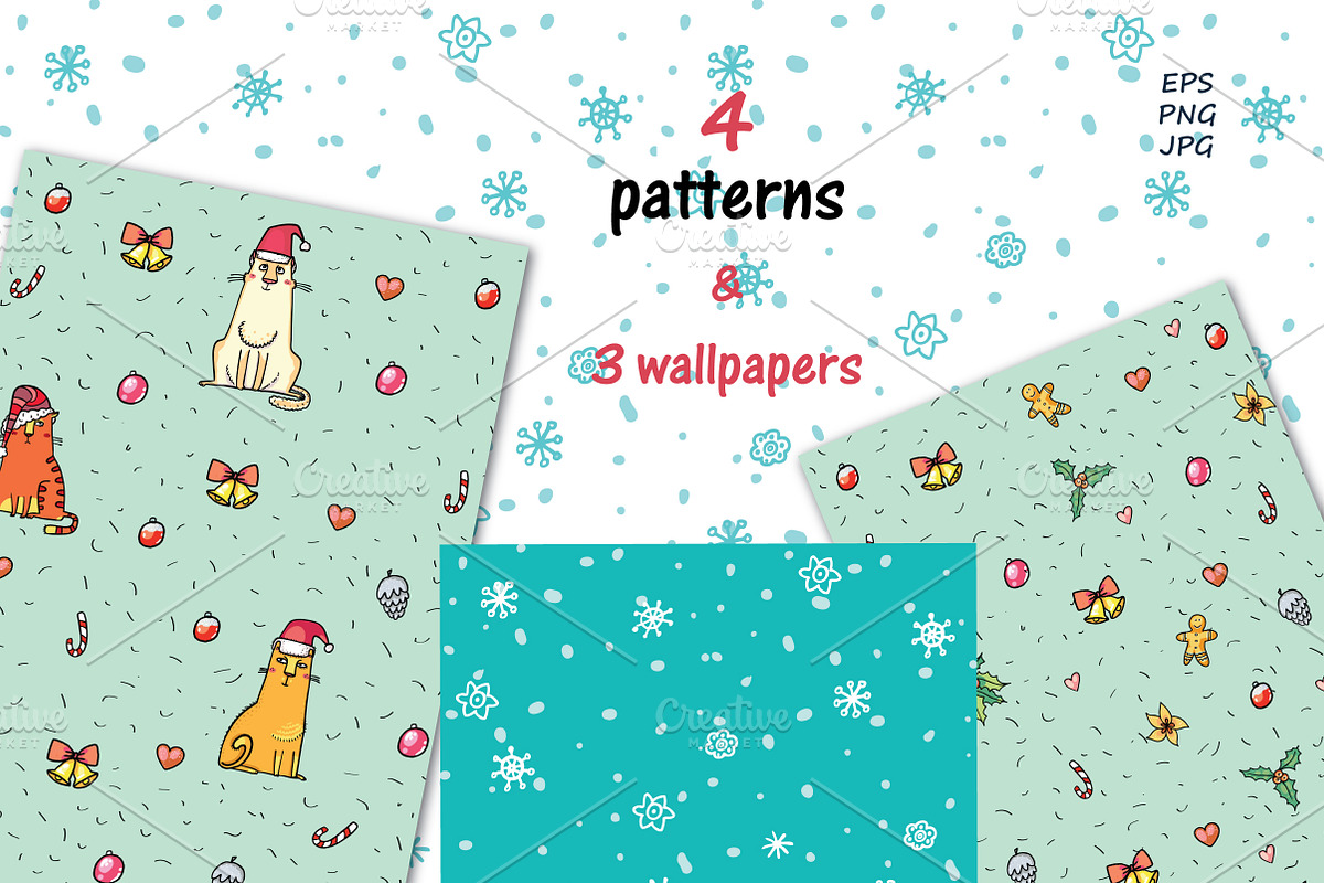 Xmas Cats: clip-art, patterns, cards, an Illustration by Zooza Art (Photo 7 of 11)