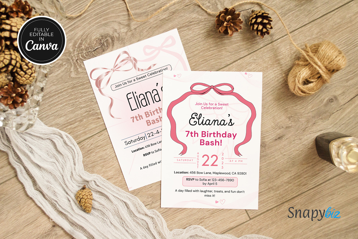 Pink Bow Birthday Invitation Temp, an Invitation Template by Snapybiz (Photo 9 of 10)