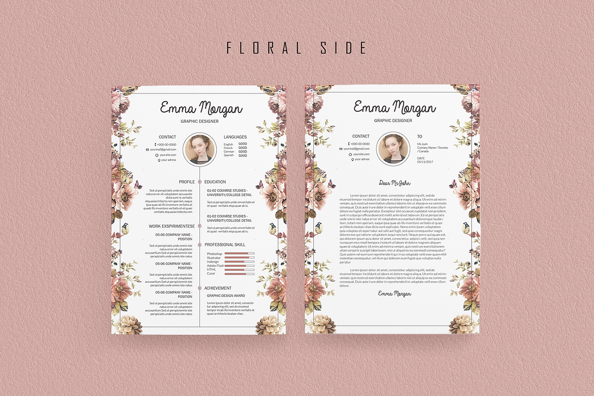 Pink Floral Resume BUNDLE Template M, a Resume Template by Showy68 Template (Photo 6 of 6)