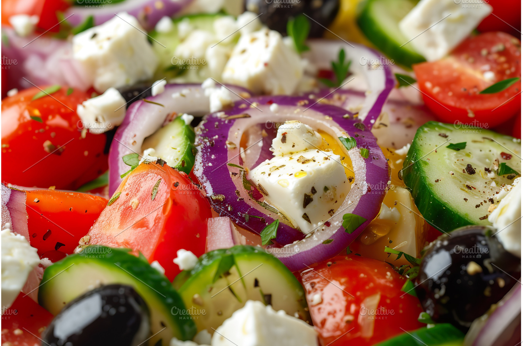 Fresh greek salad with feta, olives, a Food & Drink Photo by Lermont51