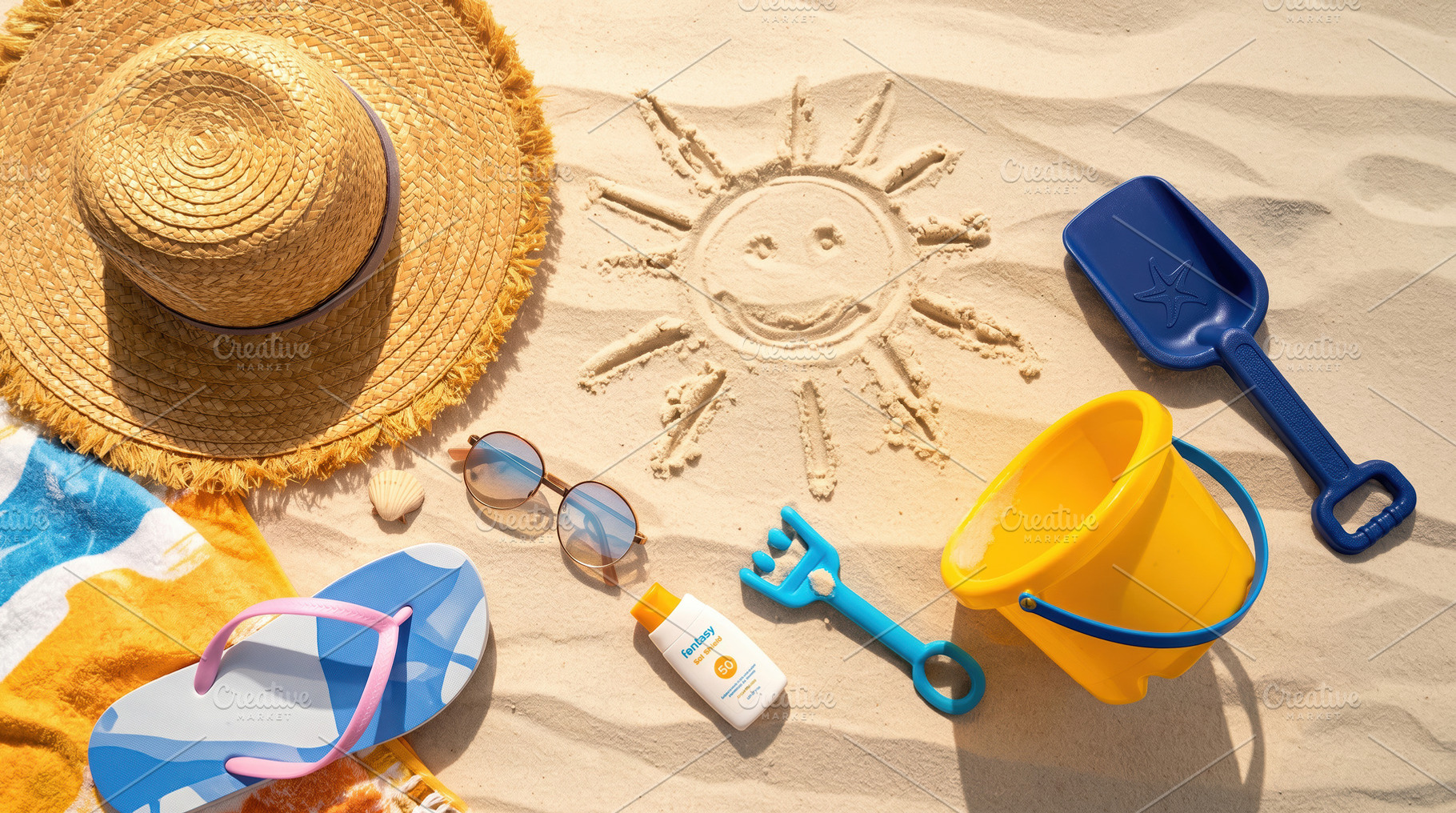Beach Essentials with Sand Sun Drawing, a Sports & Recreation Photo by Davizro's Market