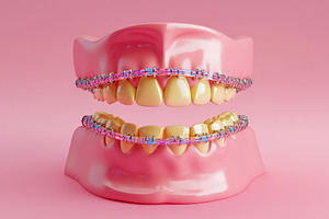 Colorful braces on teeth model displ, a Photo by Tanuart