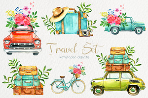 Travel Set. Watercolor illustrations