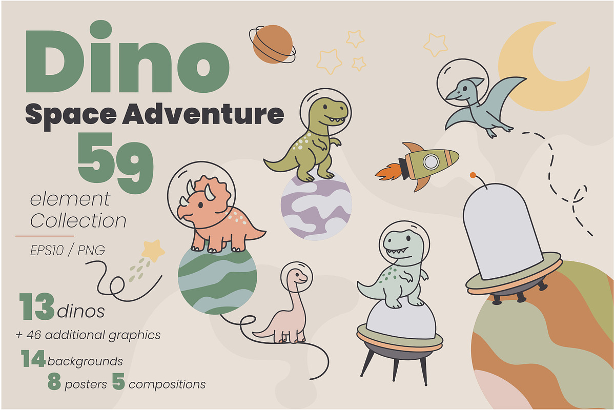 Dino Space Adventure – Vector Set, an Animal Illustration by moja doodle (Photo 1 of 11)