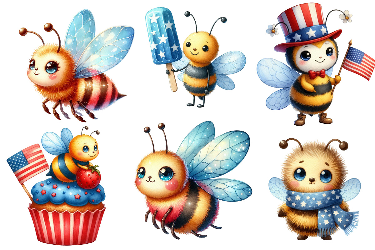 Watercolor 4th of July Bee Clipart, an Illustration by Designworld (Photo 5 of 7)