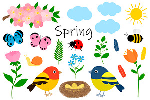 Spring Vector. Spring Flowers. Birds