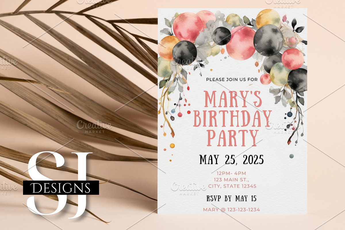 Balloon Wreath Party Invite, an Invitation Template by Sunny Jar Designs (Photo 2 of 3)