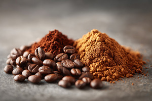 Coffee beans and ground coffee close-up, a Food & Drink Photo by AlyaAnd