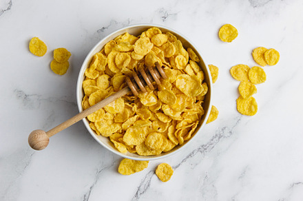 Corn flakes in a white bowl