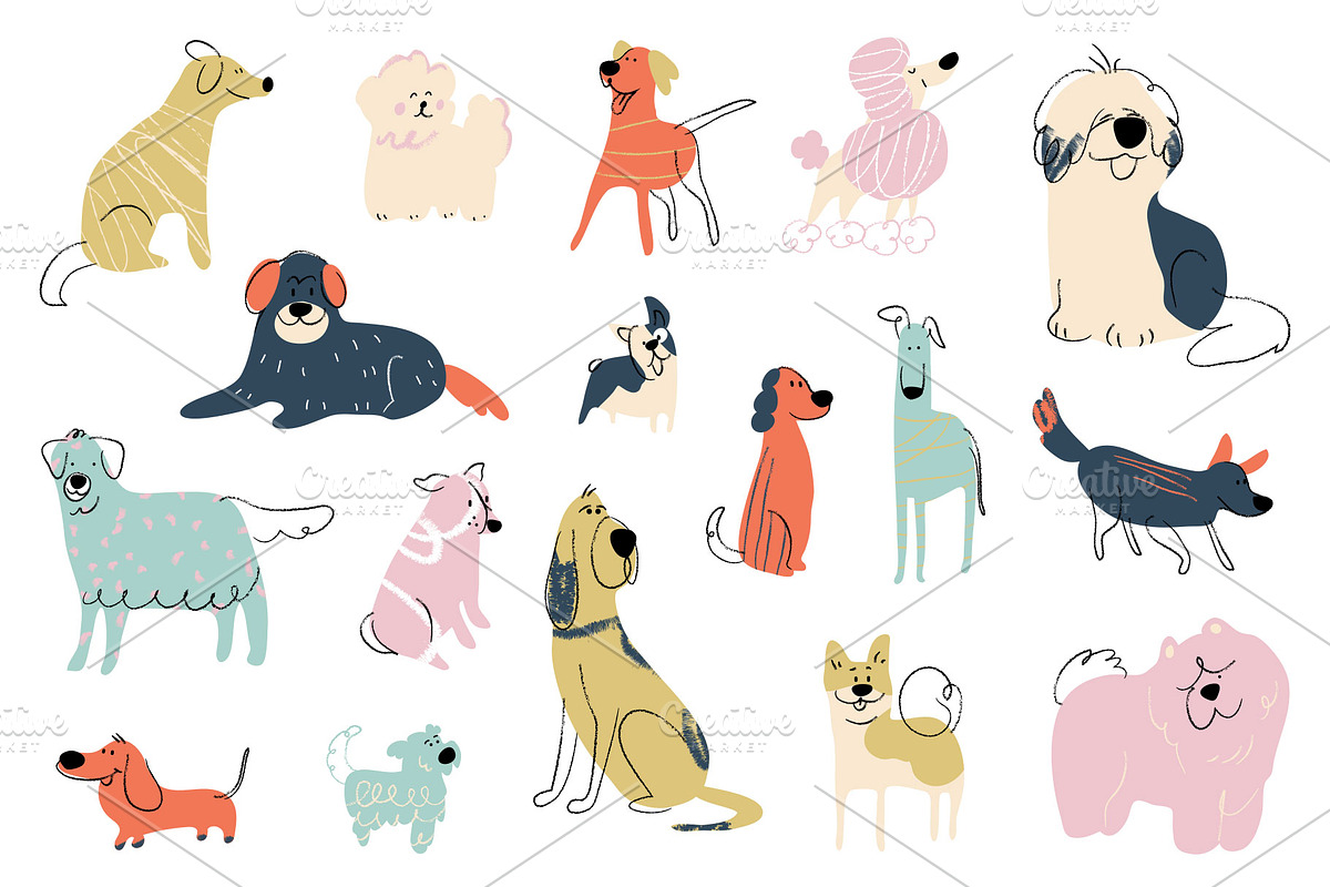 Cute dog breeds vector set