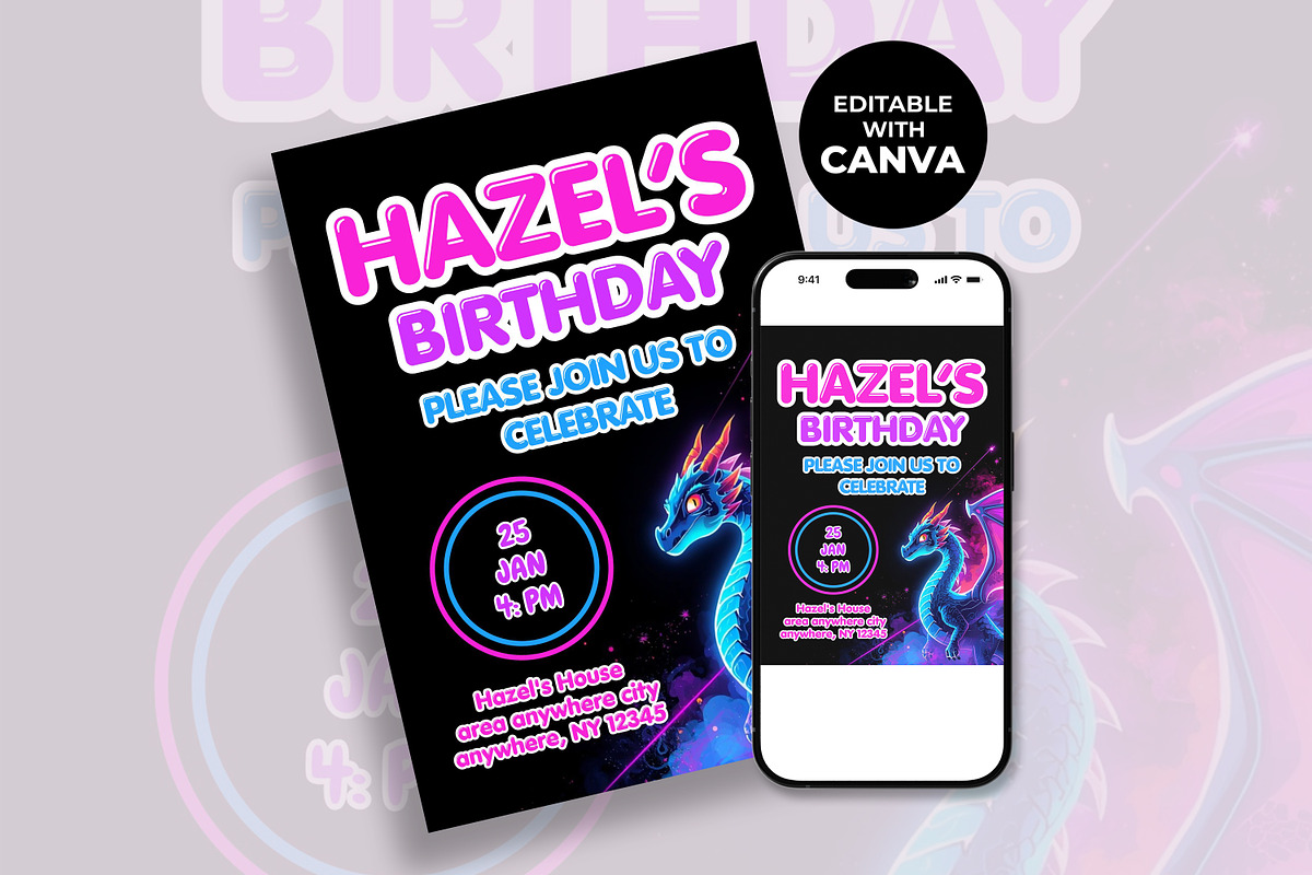 Neon Dragon Birthday Invitation, an Invitation Template by M9 Design (Photo 2 of 4)