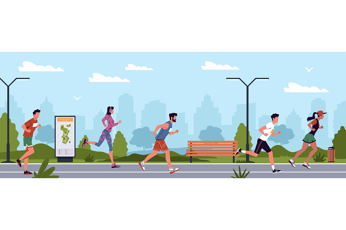 Marathon runners in city. Active, a Sport Illustration by YummyBuum (Photo 1 of 3)