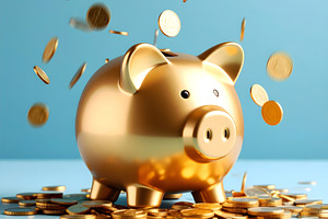 Golden coins floating around a shiny pink piggy bank, a Business Photo by GoodGoods