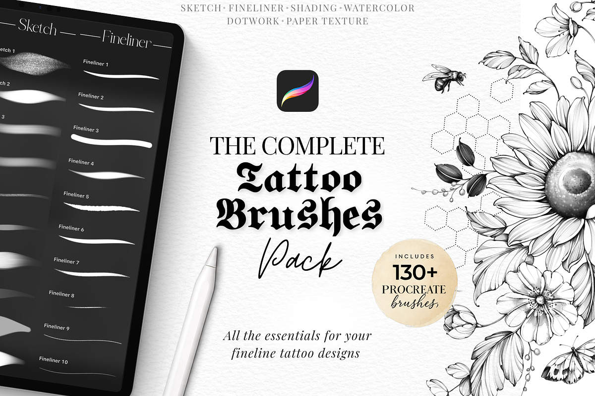 130 Tattoo Procreate Brushes, a Brush Add-On by LaurenceVArtiste (Photo 1 of 10)