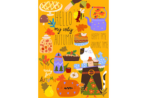 Cartoon Set With Cat, Tea Party and
