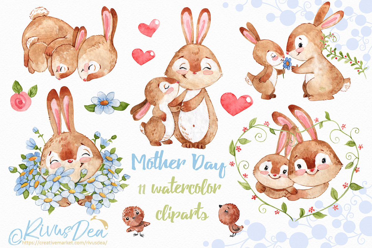 Bunny and Mom clipart set, an Animal Illustration by RivusArt (Photo 1 of 2)