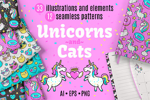 Unicorns and Cats Clipart + Patterns