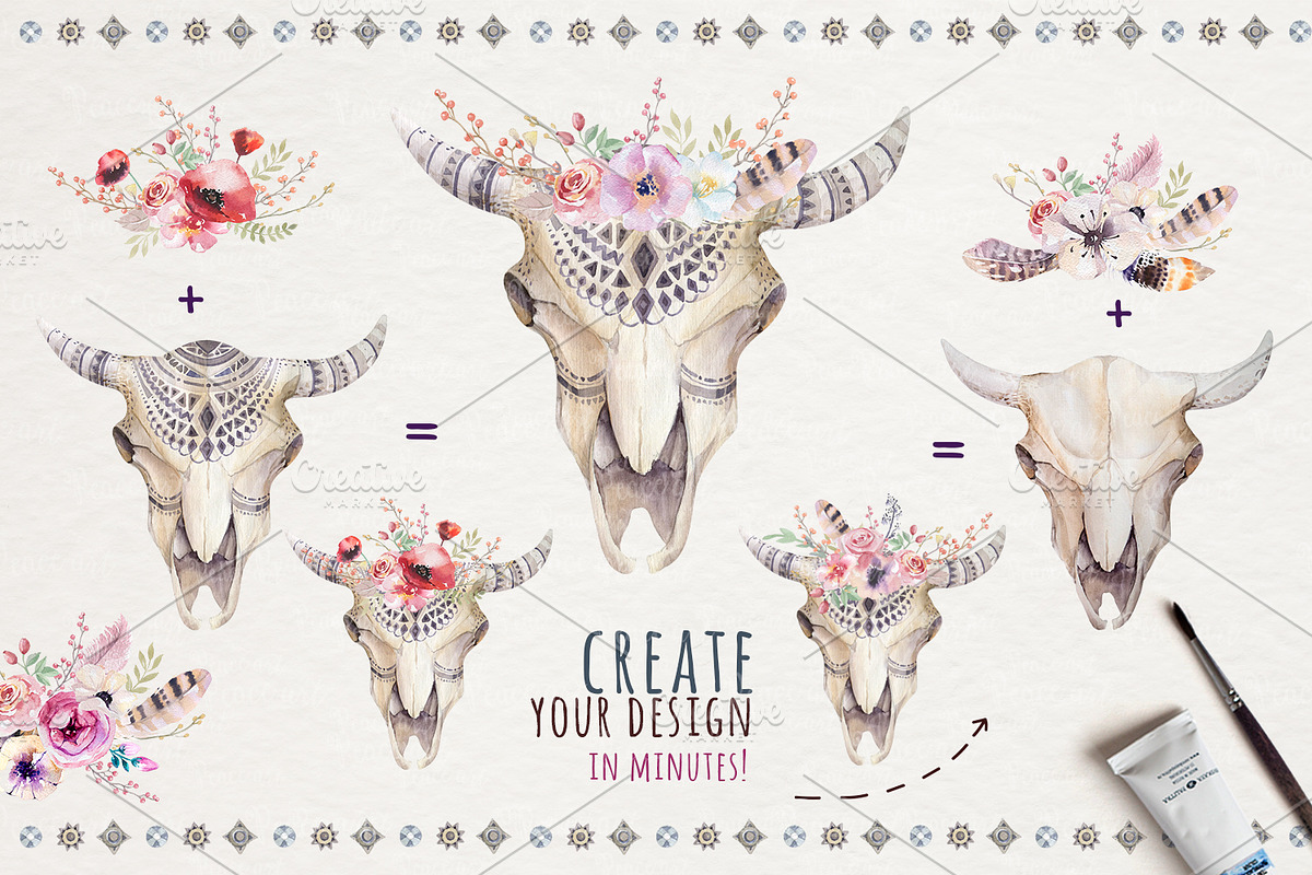 Watercolor boho skulls, a Decorative Illustration by Peace ART (Photo 3 of 7)