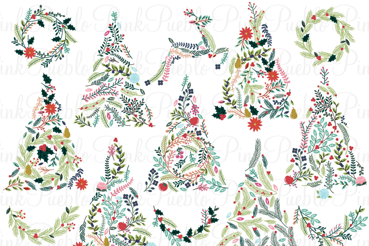Floral Christmas Trees & Bunting, a Decorative Illustration by PinkPueblo (Photo 1 of 2)