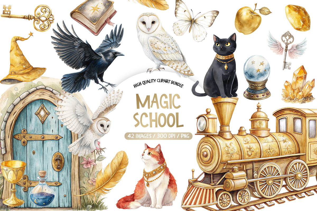 Watercolor Wizard School Clipart, a Decorative Illustration by TatiMockup (Photo 1 of 4)