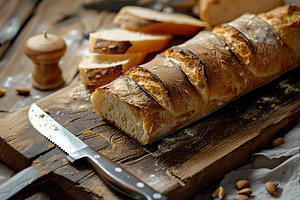 Sliced french bread on cutting board with knife, a Food & Drink Photo by AlyaAnd