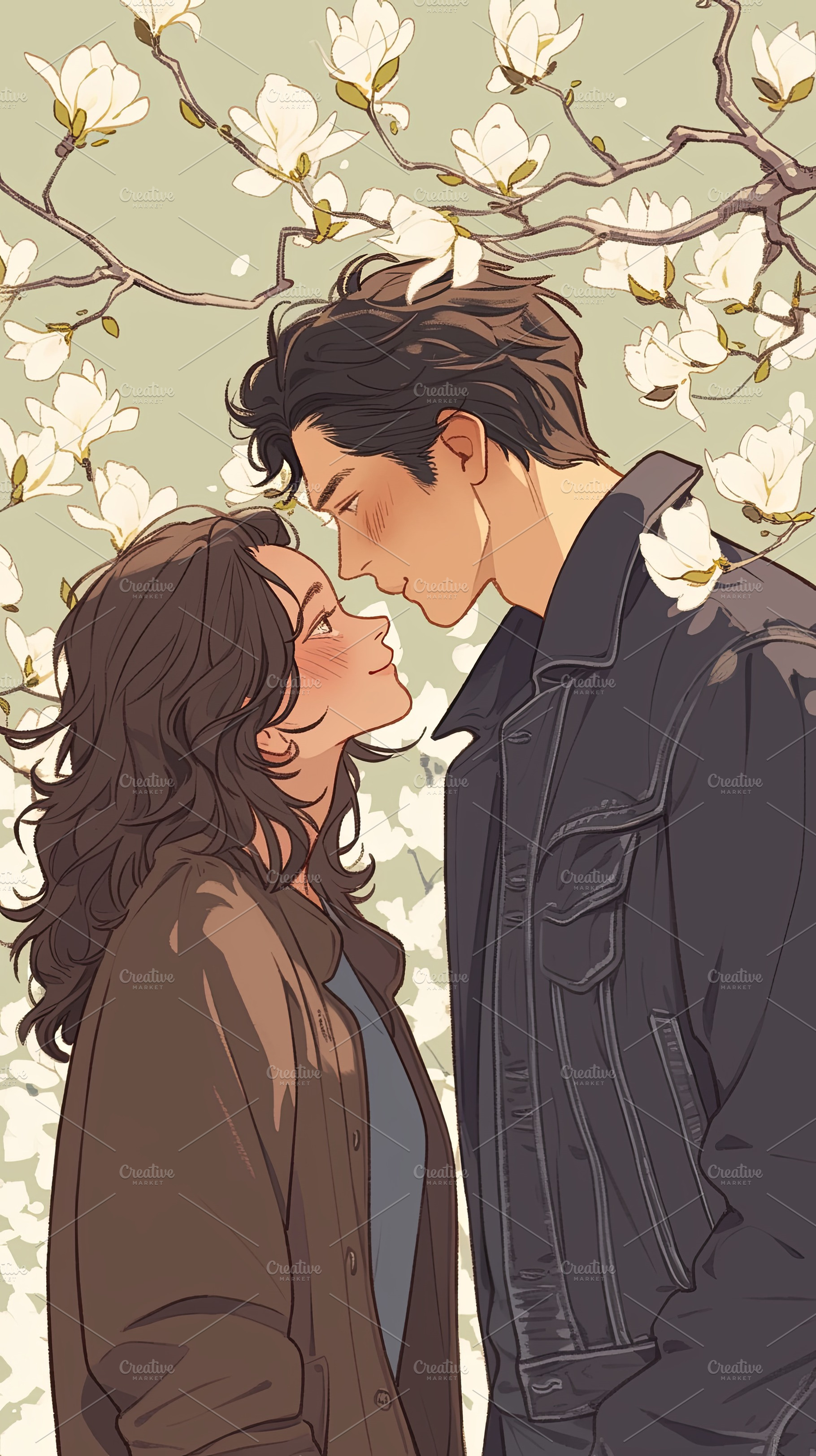 Young couple in romantic embrace under blooming magnolia tree, a Photo by AS photostudio