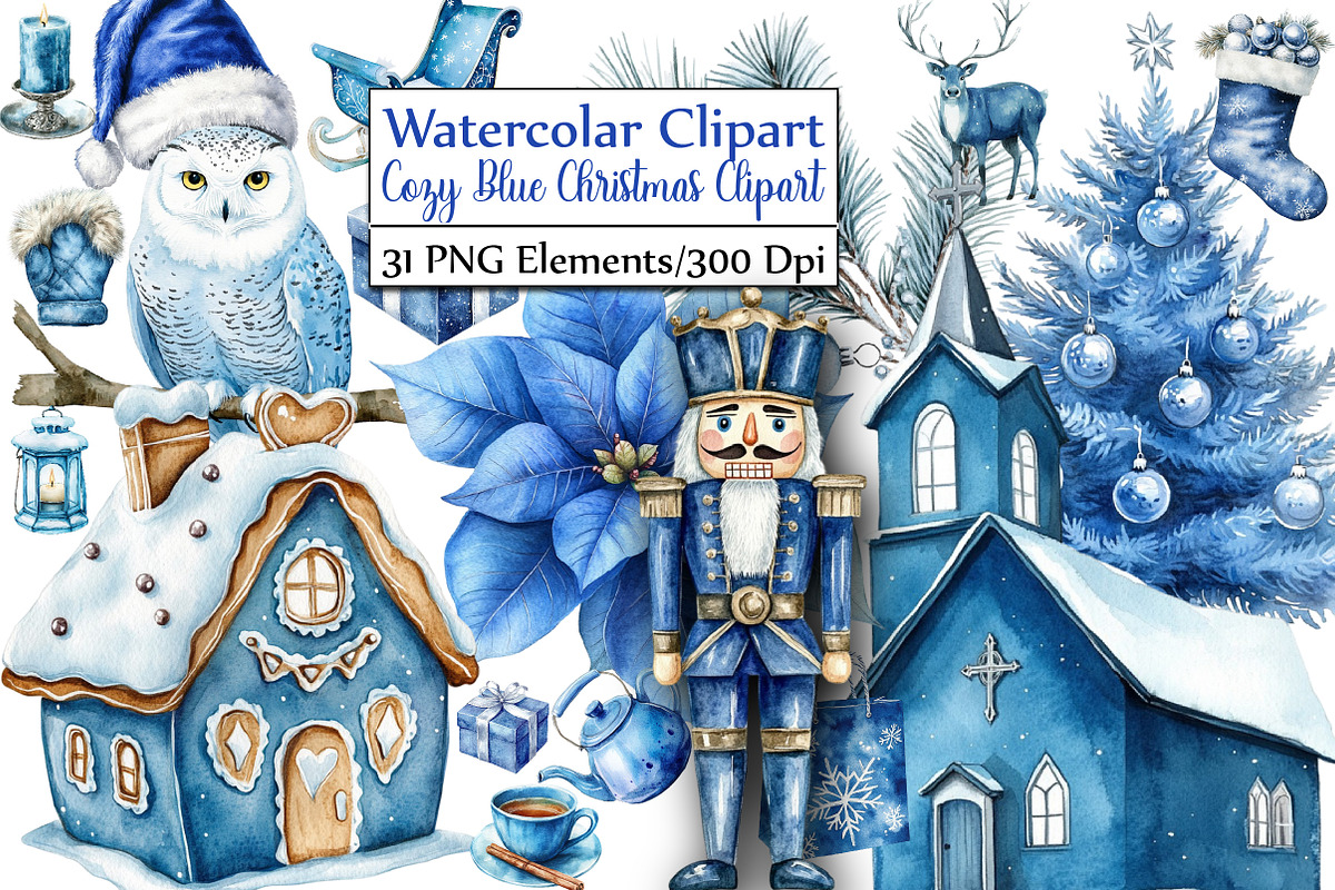 Cozy Blue Christmas Clipart Set, an Illustration by DreamCafeArt (Photo 1 of 6)