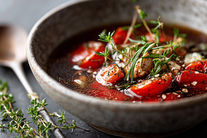 Clear savory broth with tomatoes, a Food & Drink Photo by MistyDay