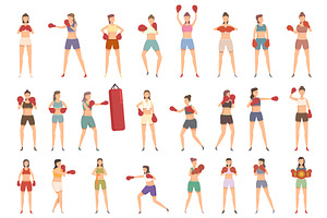 Boxer woman icons set cartoon vector, a Sport Illustration by Ylivdesign