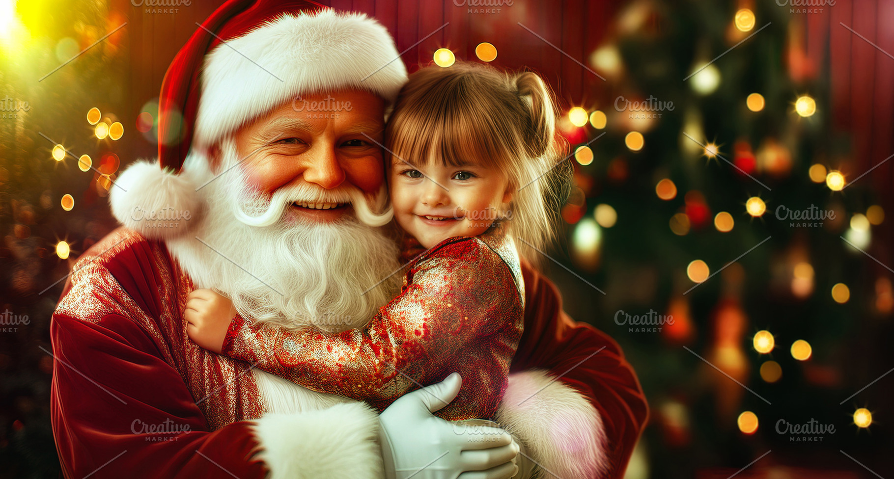 Santa Claus holding a little girl with trees in background, a Holiday Photo by Davizro's Market
