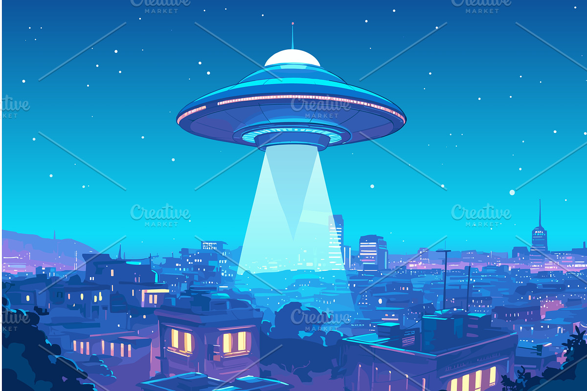 Cartoon alien flying saucer over, a Technology Illustration by LadadikArt