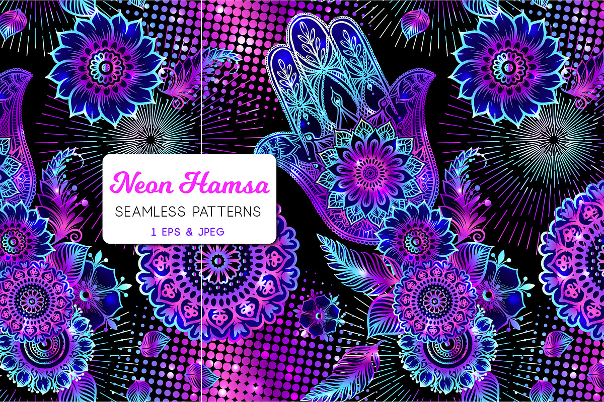 Neon Hamsa Seamless Pattern, a Pattern Graphic by Elen-Lane (Photo 1 of 2)