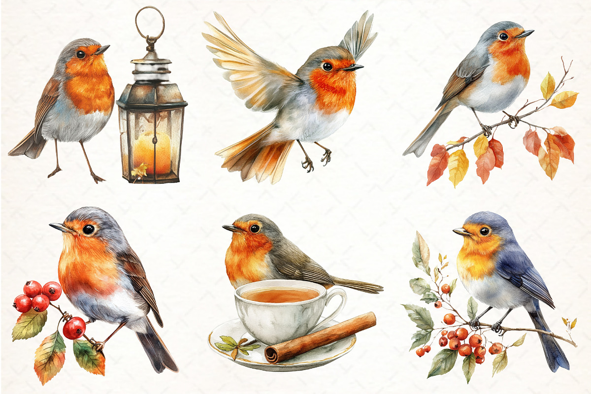 Watercolor Robin Birds Clipart, Fall, an Illustration by Pixels.Craft (Photo 2 of 7)
