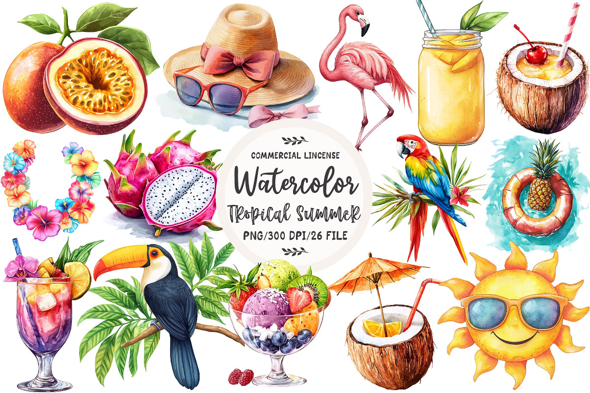 Watercolor Tropical Summer Clipart, an Illustration by OK Design (Photo 1 of 5)