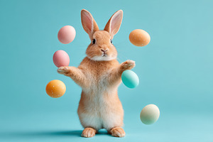 Easter bunny with pastel floating eggs, an Animal Photo by AlyaAnd
