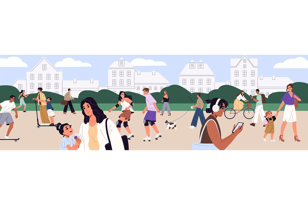 People crowd walk in urban park, a Person Illustration by PaperTrident (Photo 1 of 3)