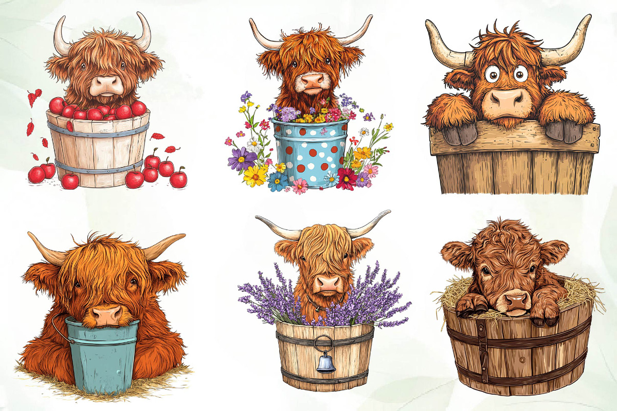 Cute Highland Cow in a Bucket Clipar, an Illustration by CreationArt (Photo 5 of 7)