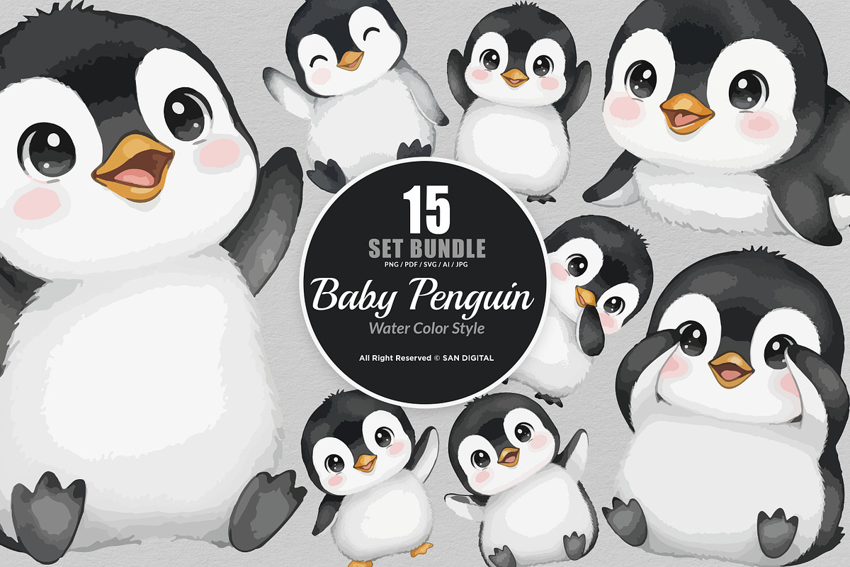 15 Bundle Watercolor Baby Penguin, an Animal Illustration by Morspective (Photo 1 of 8)