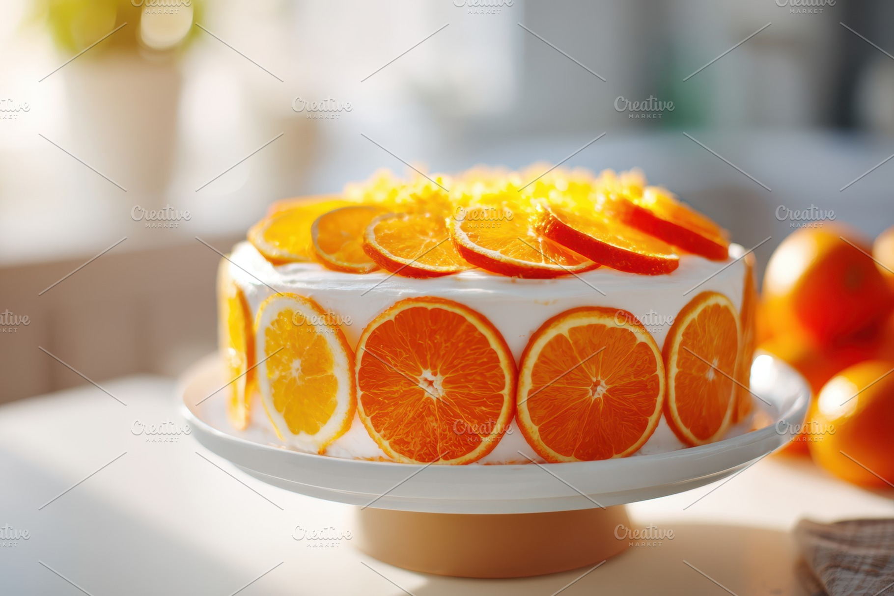 Delicious orange cake with fresh slices and zest, a Food & Drink Photo by AlyaAnd