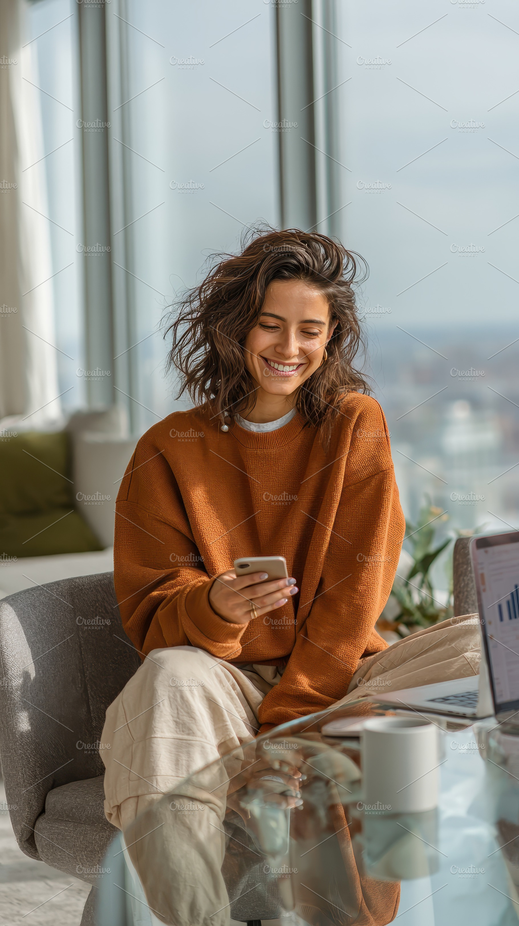Happy woman using smartphone in mode, a Photo by Pixeness Studio