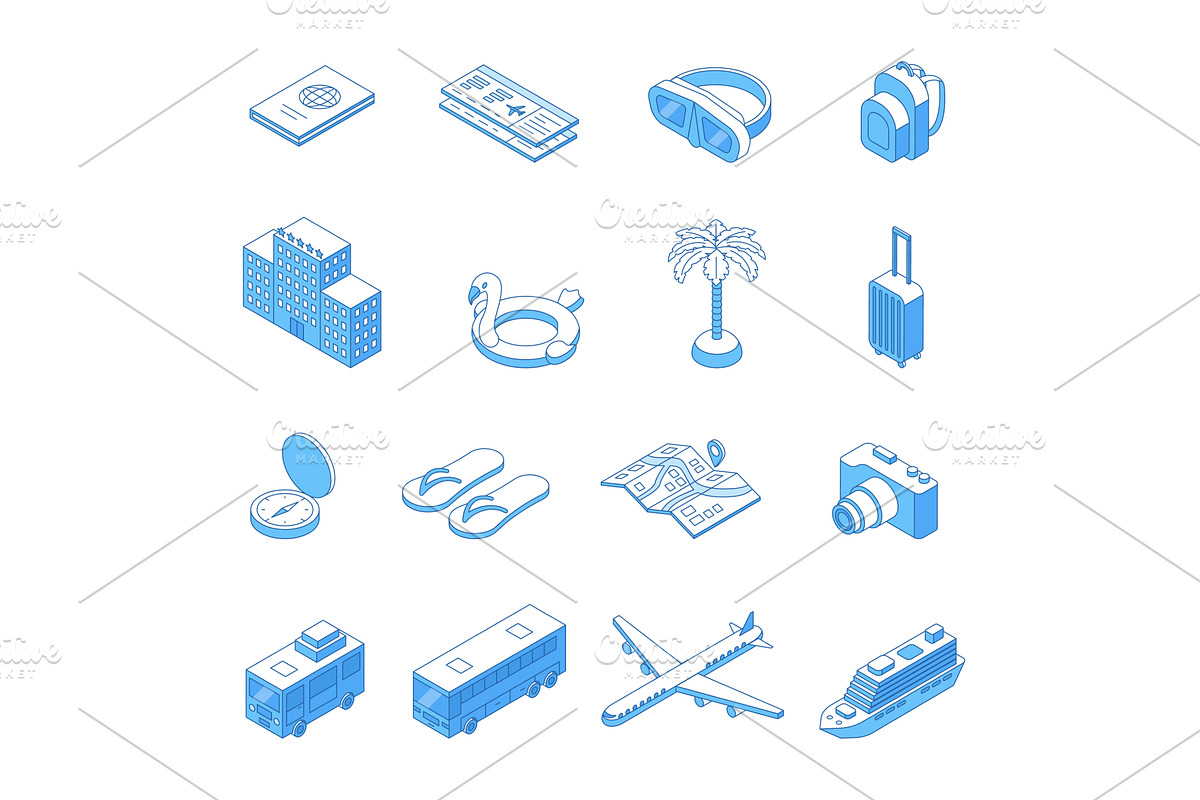 Isometric line travel icons. 3d line, an Illustration by Valerie Bodnar