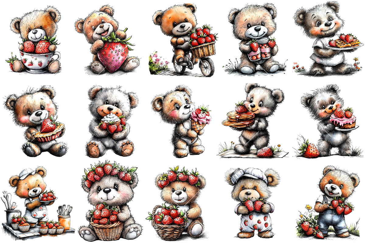 Watercolor Strawberry Bear Clipart, a Seasonal Illustration by OK Design (Photo 3 of 6)