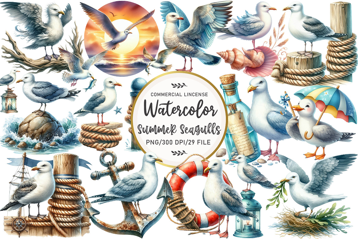 Watercolor Summer Seagulls Clipart, an Illustration by OK Design (Photo 1 of 5)