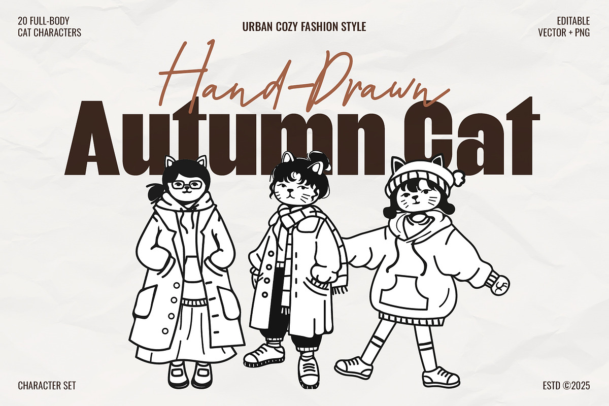 Handrawn Autumn Cat Character Set, an Animal Illustration by Invisual Studio (Photo 1 of 11)